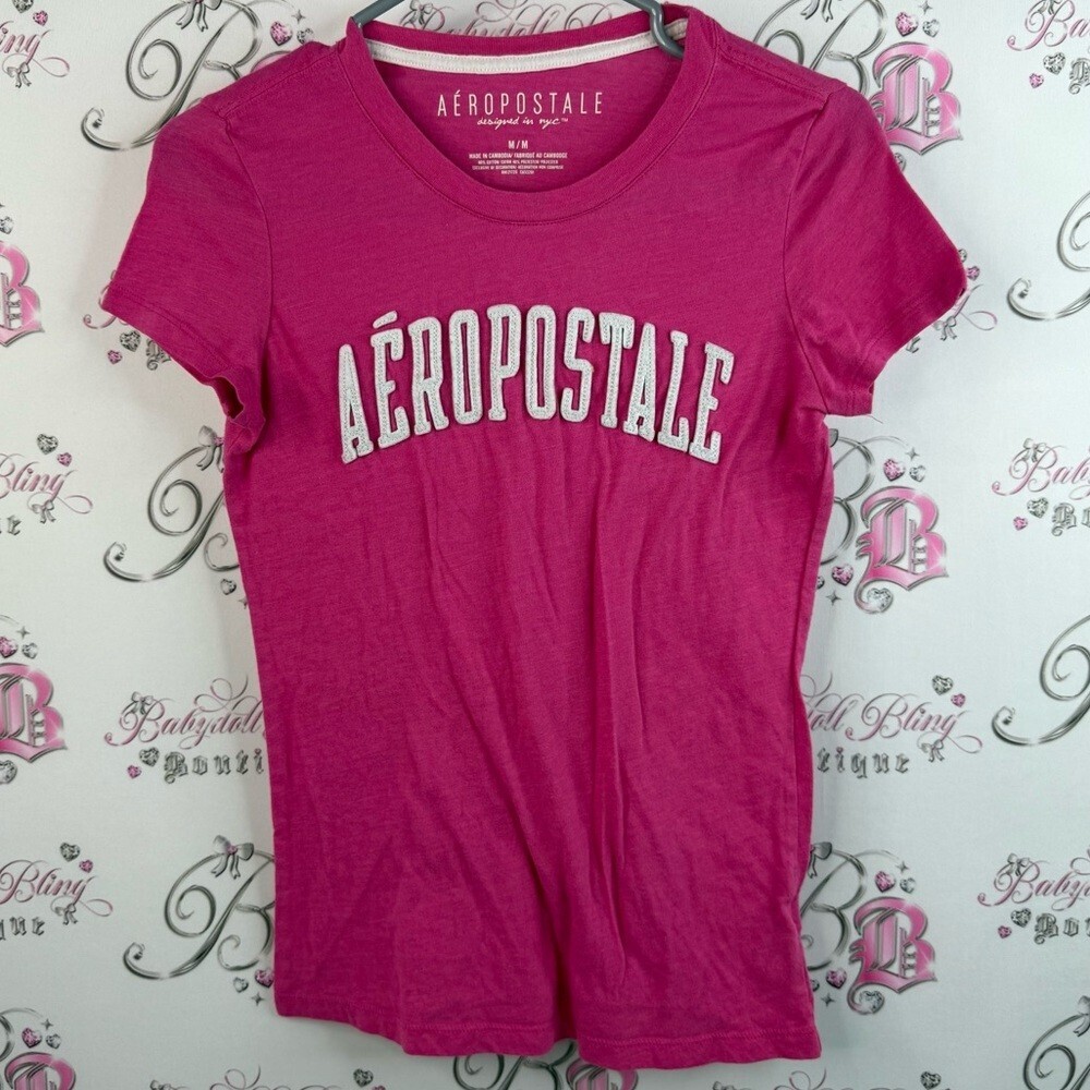 Aeropostale T-shirt white 3D logo embroidered Y2K pink Fuchsia Logo Tee
